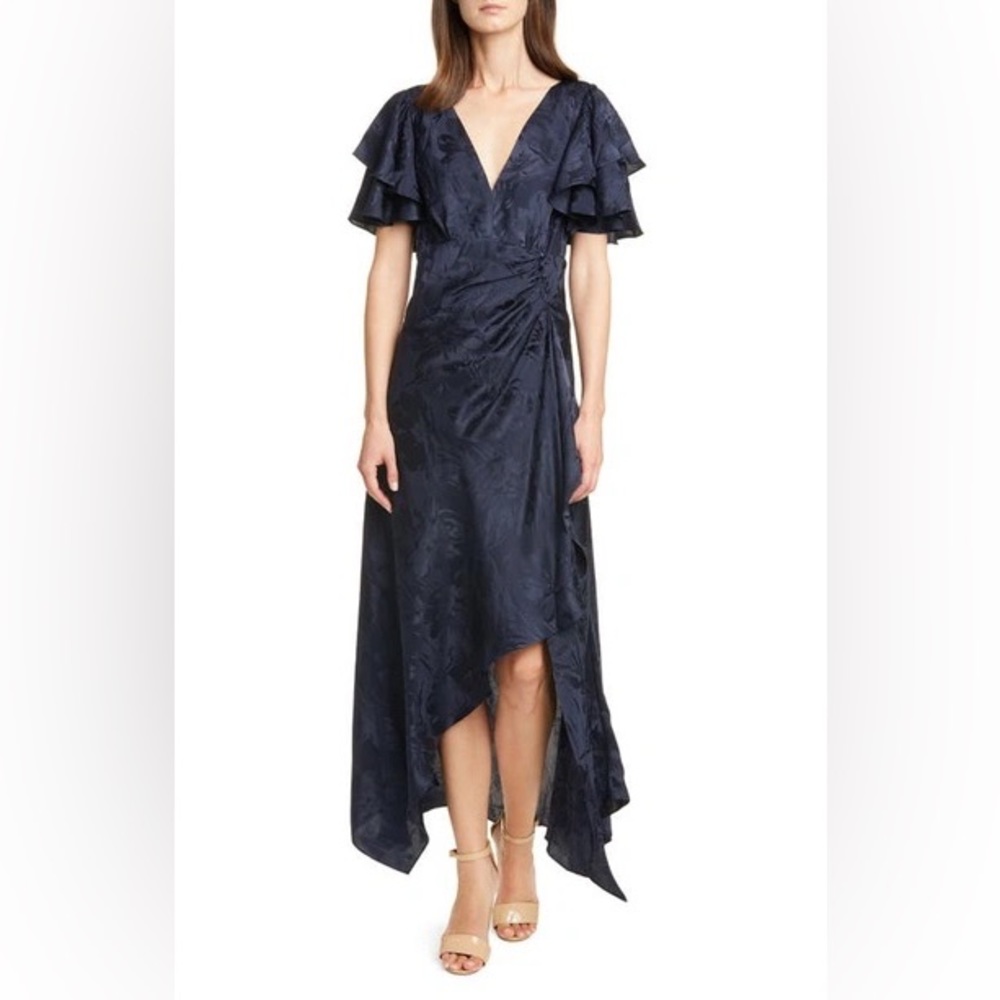 Tanya Taylor Clementine Flutter-sleeve Silk Jacquard Dress In Navy - 10